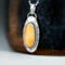 3/4 left view hanging on black pot, oval orange stone bezel set accented with twisted wire and a stamped base, diamond cut chain